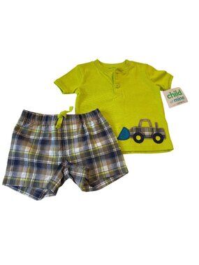 Child Of Mine Baby Boys 2-Piece Outfit - Green Tractor Shirt & Plaid Shorts FLAW